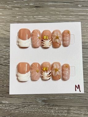 Peach Floral & White Accent Press-On Nails